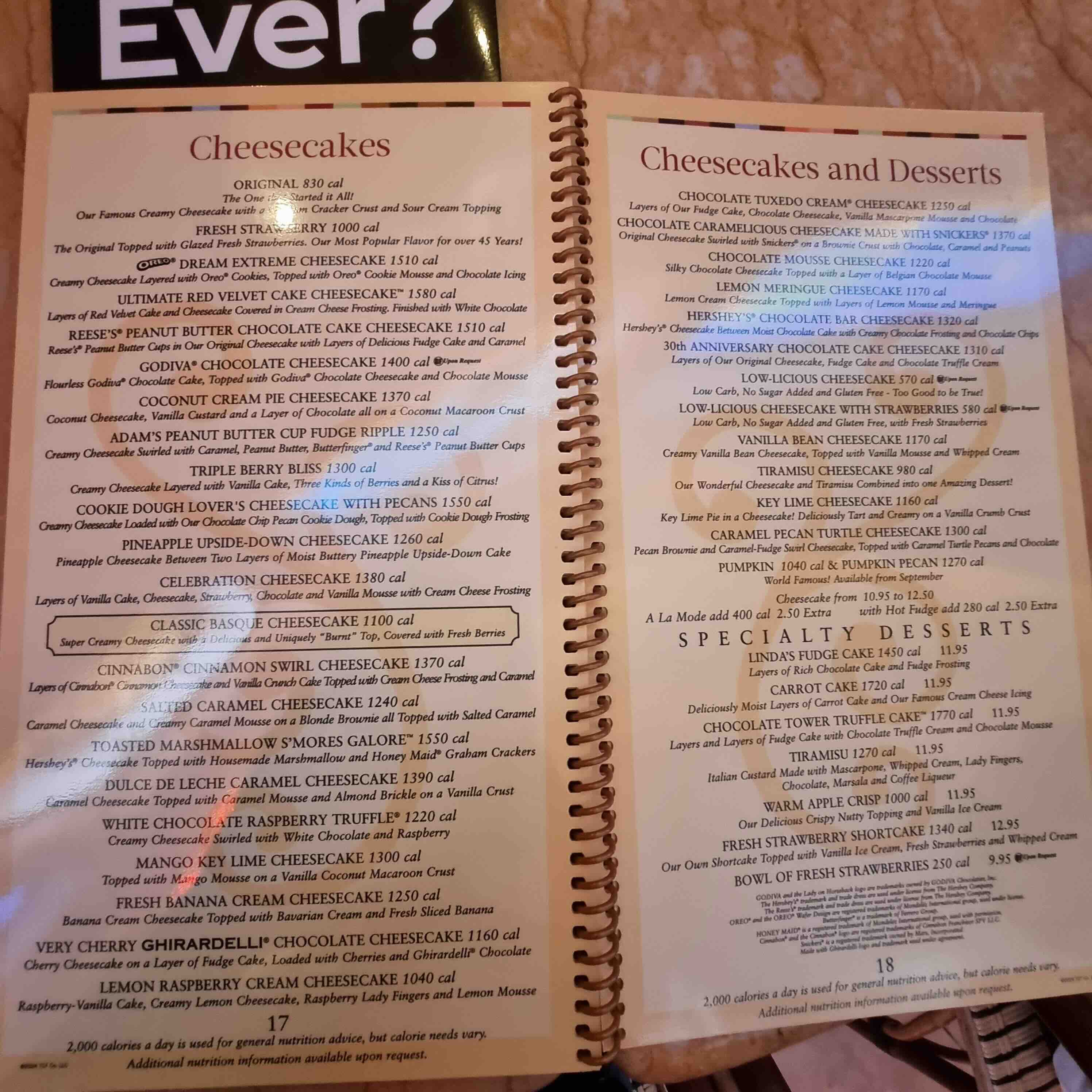 Cheese Cake Factory Menu
